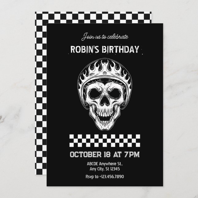 Skull head motorcycle rider birthday invitation (Front/Back)