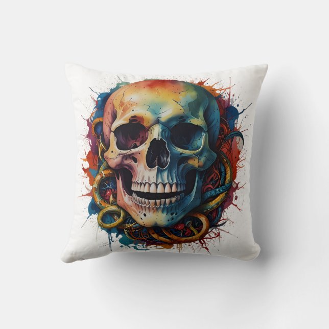 Skull Head with multi-colored Paint Splashes Cushion (Back)