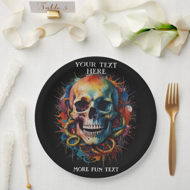 Skull Head with multi-colored Paint Splashes Paper Plate (Wedding)