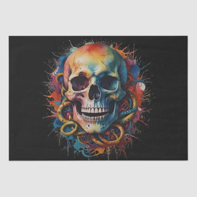 Skull Head with multi-colored Paint Splashes Tissue Paper (Front)