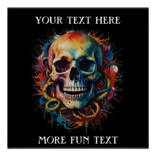 Skull Head with multi-coloured Paint Splashes Poster