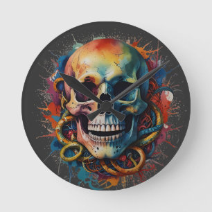 Skull Head with multi-coloured Paint Splashes Round Clock