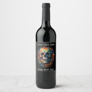 Skull Head with multi-coloured Paint Splashes Wine Label