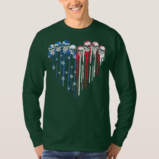 Skull Heart Dripping American Flag 4th Of July T-Shirt (Front)