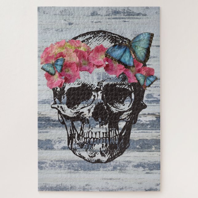 Skull Hydrangea Blue Butterfly Art Jigsaw Puzzle (Vertical)