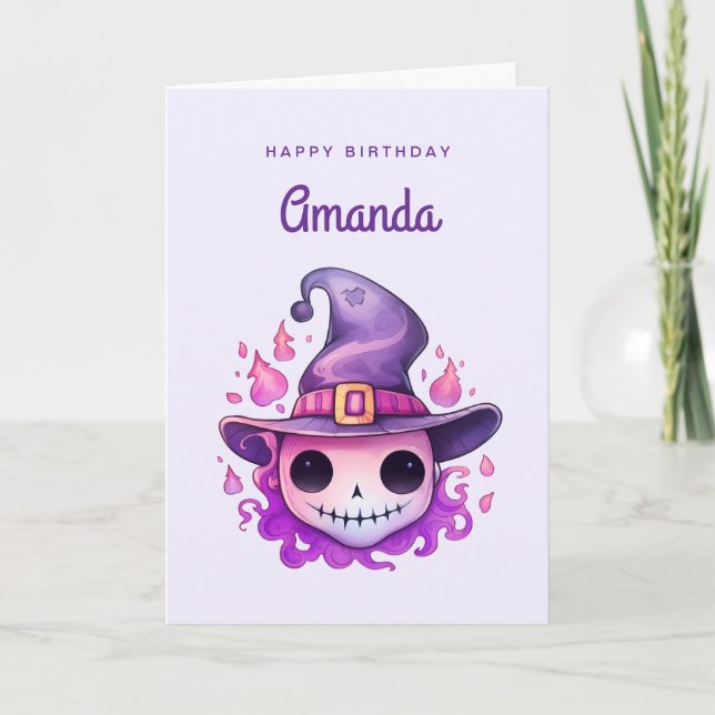 Skull in a Witch's Hat Whimsical Birthday Card (Front)