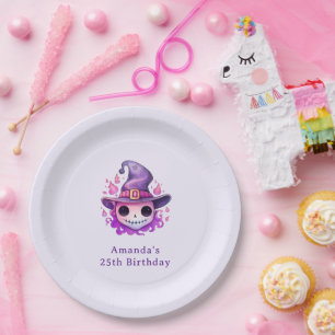 Skull in a Witch's Hat Whimsical Birthday Paper Plate