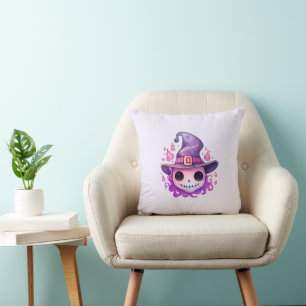 Skull in a Witch's Hat Whimsical Cushion