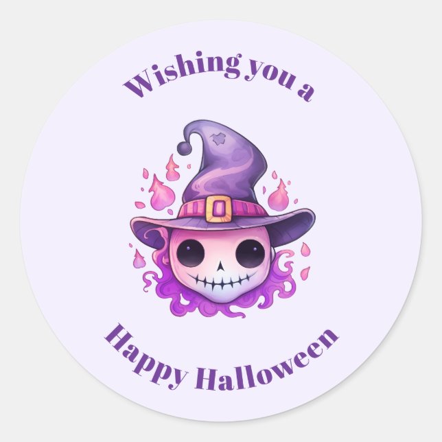 Skull in a Witch's Hat Whimsical Halloween Classic Round Sticker (Front)