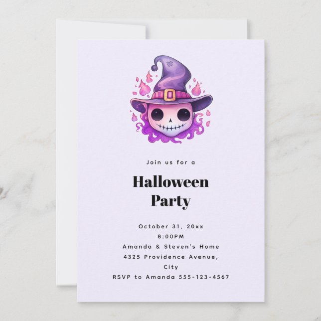 Skull in a Witch's Hat Whimsical Halloween Party Invitation (Front)