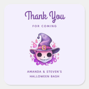 Skull in a Witch's Hat Whimsical Party Thank You Square Sticker