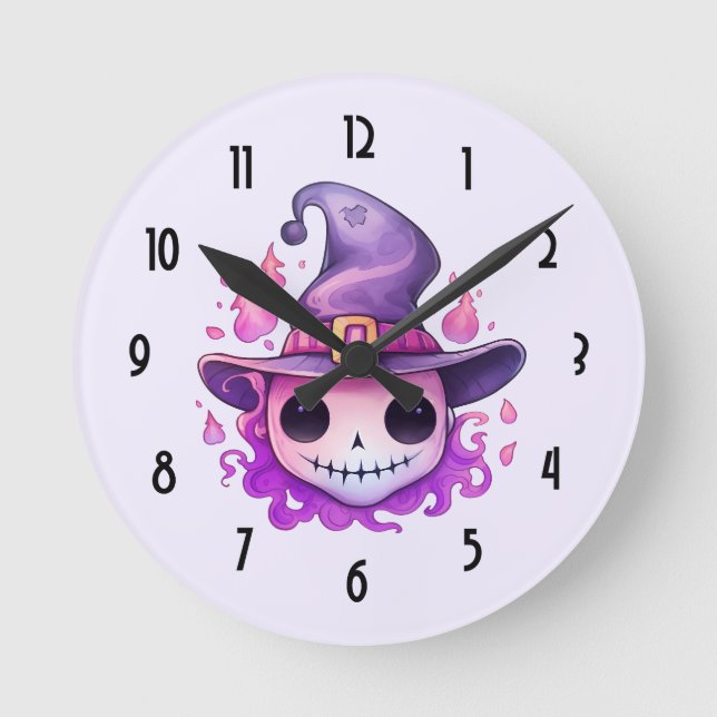 Skull in a Witch's Hat Whimsical Round Clock (Front)