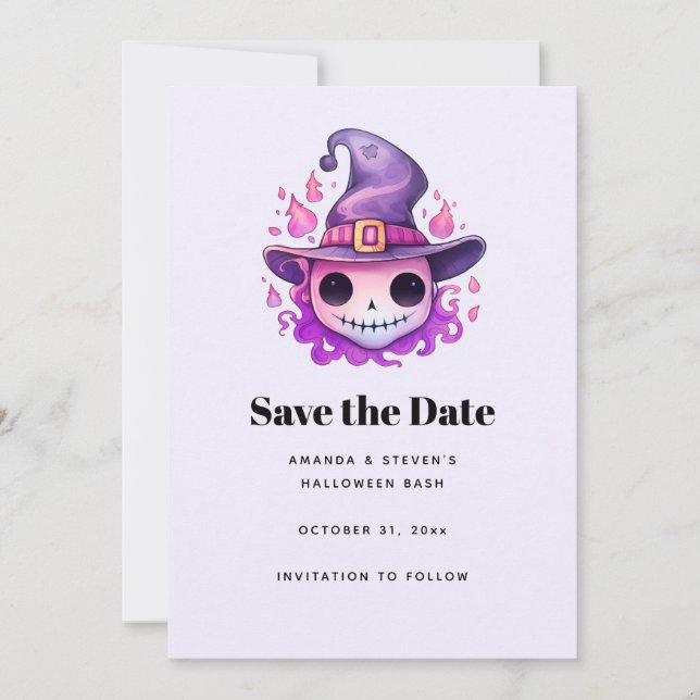 Skull in a Witch's Hat Whimsical Save The Date (Front)