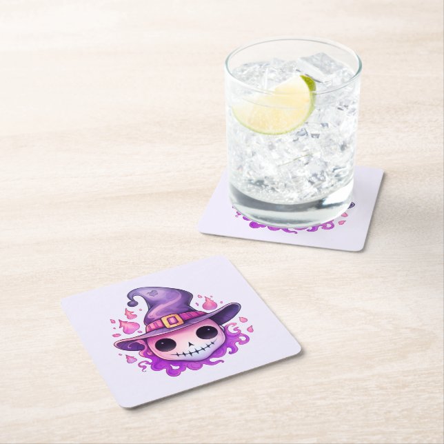 Skull in a Witch's Hat Whimsical Square Paper Coaster (Insitu)