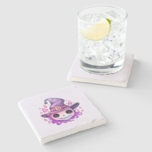 Skull in a Witch's Hat Whimsical Stone Coaster