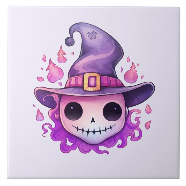 Skull in a Witch's Hat Whimsical Tile (Front)