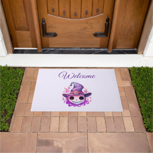 Skull in a Witch's Hat Whimsical Welcome Doormat