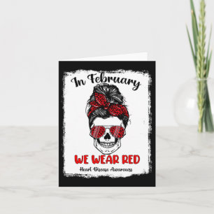 Skull In February We Wear Red Ribbon Heart Disease Card