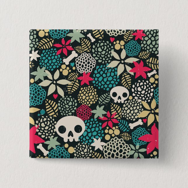 Skull in flowers 15 cm square badge (Front)