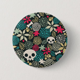 Skull in flowers 6 cm round badge