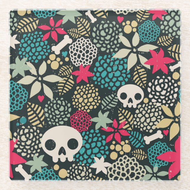 Skull in flowers glass coaster (Front)