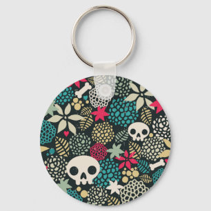 Skull in flowers key ring