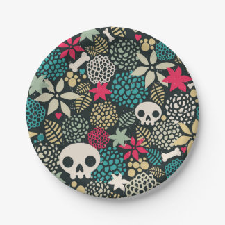 Skull in flowers paper plate