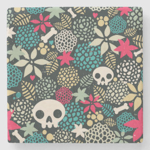 Skull in flowers stone coaster