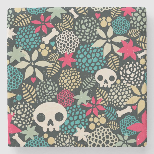 Skull in flowers stone coaster (Front)