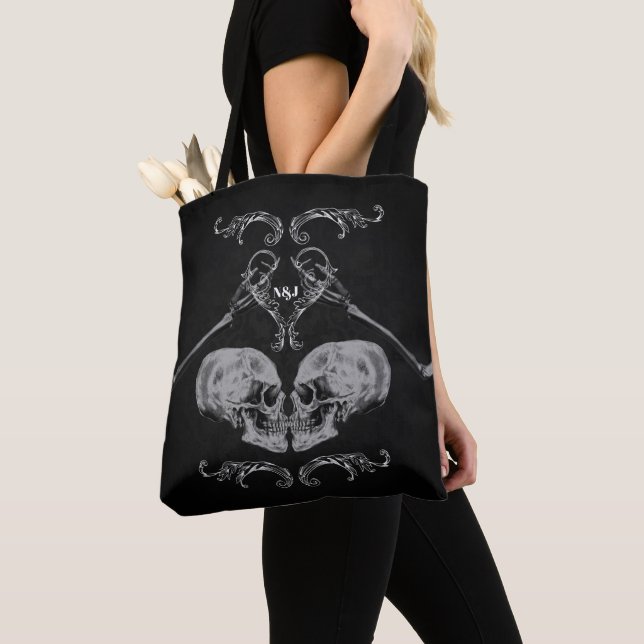 "Skull in Love" Vintage Skeletons Black Tote Bag (Close Up)