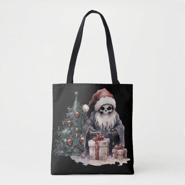Skull in Santa hat with gothic Christmas tree Tote Bag (Front)
