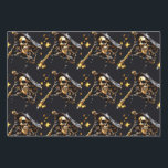 Skull jolly roger pirate flag black gold 3D  Wrapping Paper Sheet<br><div class="desc">A realistic grinning 3D skull rests against a black flag that is set against a midnight black background that has faux shimmering stars and fireflies. The skulls are set in a seamless, repeating pattern and are ideal for halloween, gothic and pirate theme birthday parties. They are suited to both adults...</div>