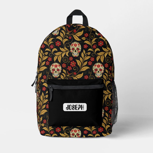 Skull Khokhloma Pattern Personalised Backpack (Front)