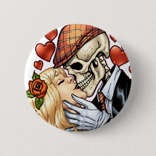 Skull Kiss with Hearts and Roses by Al Rio 6 Cm Round Badge