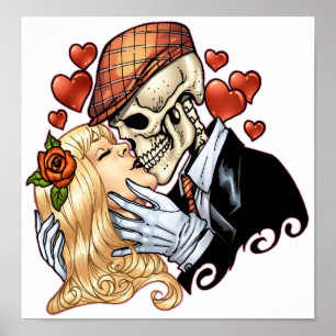 Skull Kiss with Hearts and Roses by Al Rio Poster