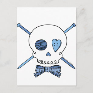 Skull & Knitting Needles (Blue) Postcard