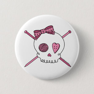 Skull & Knitting Needles (Pink) 6 Cm Round Badge