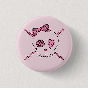 Skull & Knitting Needles (Pink Background) 3 Cm Round Badge