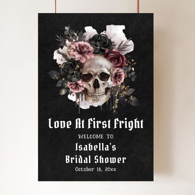 Skull Love At First Fright Bridal Shower Welcome Poster (Halloween Love At First Bridal Shower Welcome Sign)
