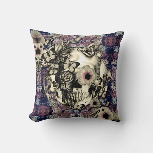 Skull made of poppies and butterflies cushion (Front)