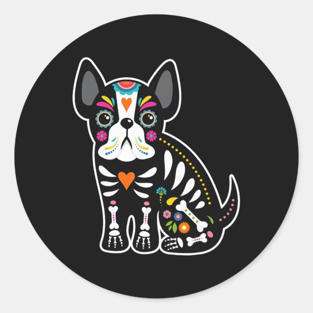 Skull Mexican French Bulldog Halloween Day Of The  Classic Round Sticker (Front)