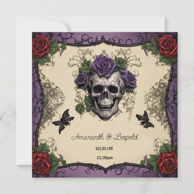 Skull Moths with Roses Gothic Halloween Wedding Invitation (Front)