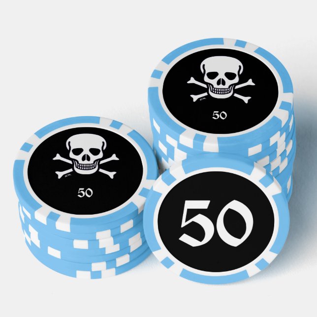 Skull n Bones black lt blue 50 striped poker chip (Stack)