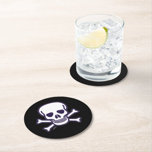 Skull n Bones black round paper drink coasters (Insitu)