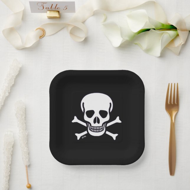 Skull n Bones black square paper plates (Wedding)