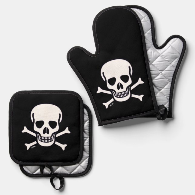 Skull n Bones blk silver oven mitts pot holder set (Front/Back)