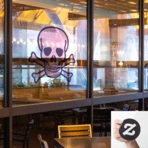 Skull n Bones pink lg rnd window cling front stick