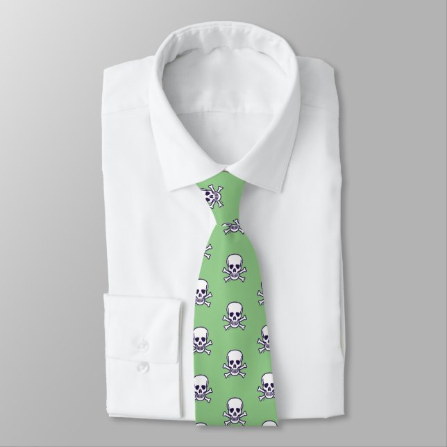 Skull n Bones white green necktie (Tied)