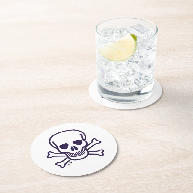 Skull n Bones white round paper drink coasters (Insitu)
