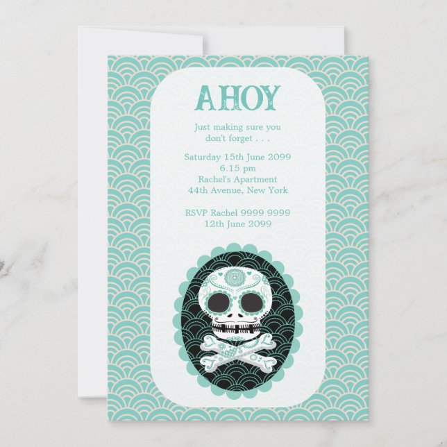 Skull n Crossbones Teal Designer Notice Invite  (Front)